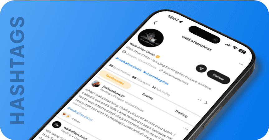 United Hive app showing testimonies grouped by hashtag