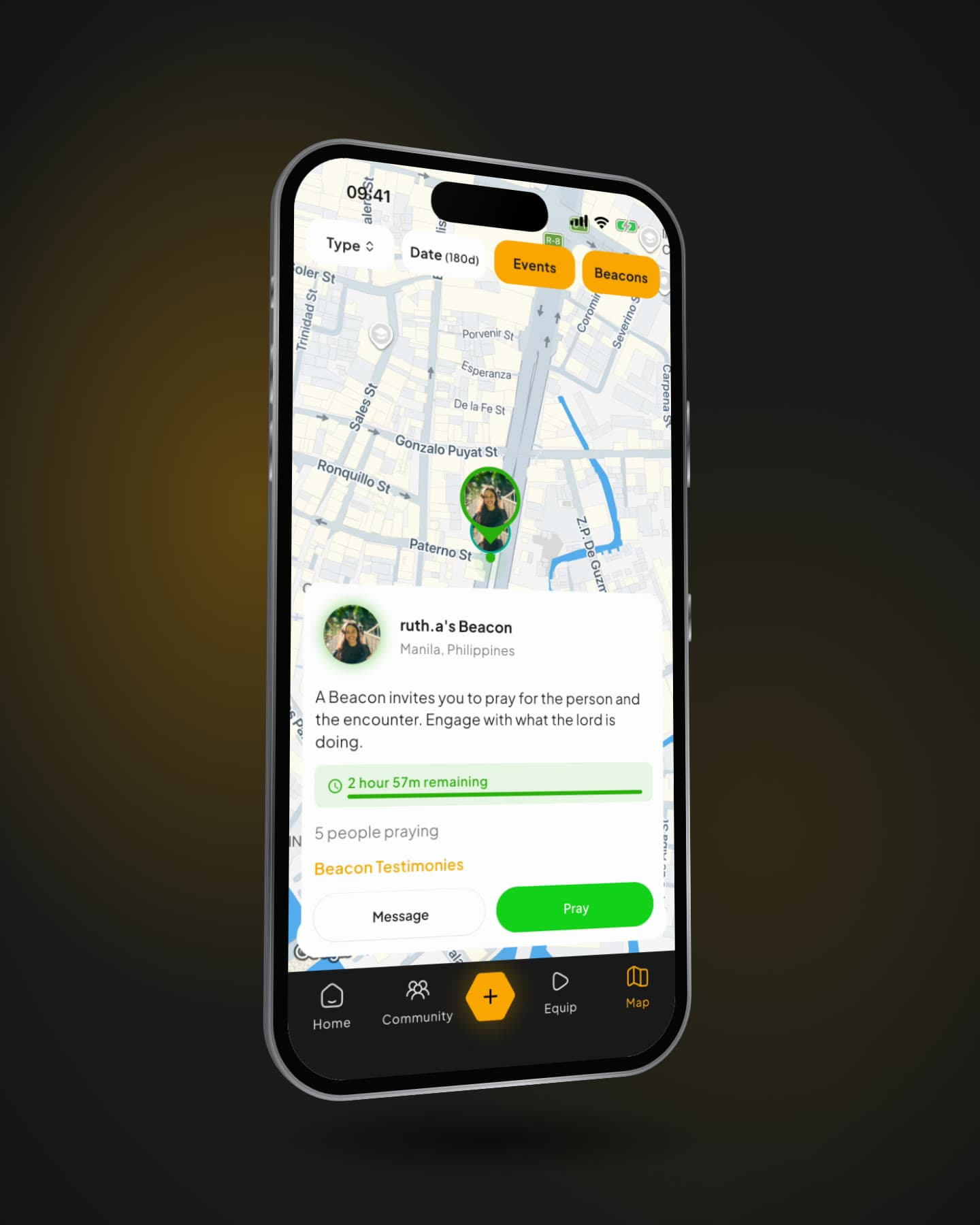 Believers praying together, volunteers packing meals and handing out food boxes, then the United Hive app on an iPhone: the home feed with live Beacons, a Beacon in Manila and the map