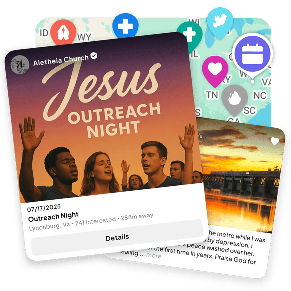 An outreach night event card over the explore map
