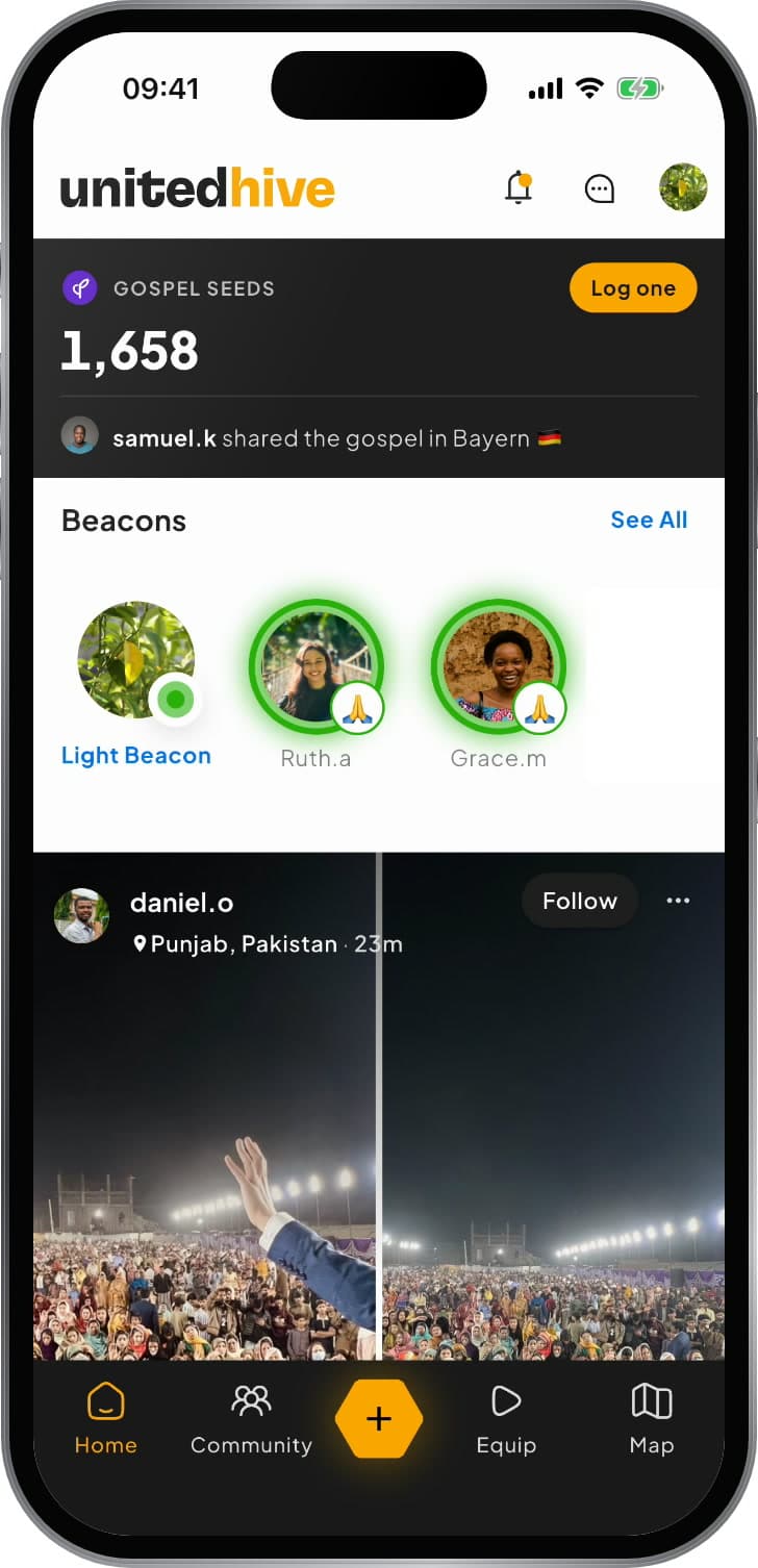 United Hive app tour: a crusade testimony from Punjab, a baptism in Oregon, outreach in Germany and a live Beacon in Manila