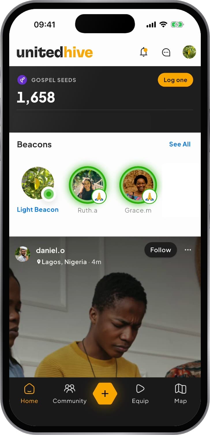 United Hive app tour: testimonies of prayer and outreach in the home feed and a live Beacon in Manila